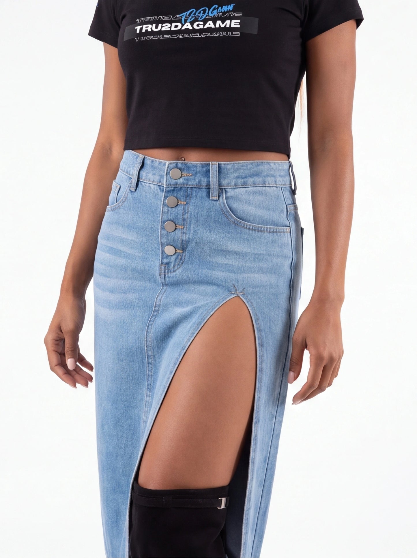 Slit Buttoned Denim Skirt with Pockets